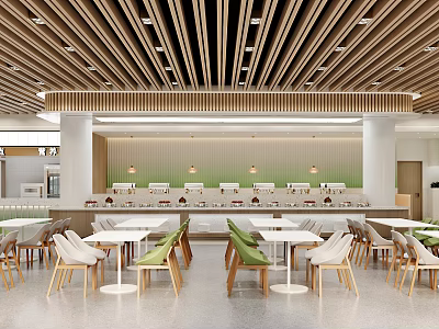 Modern Open Restaurant Interior With Wooden Ceiling White Tables And Green Cushions 3d model
