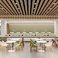 Modern Open Restaurant Interior With Wooden Ceiling White Tables And Green Cushions