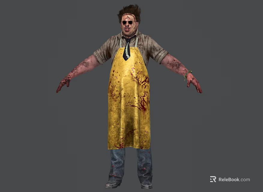 Horror Game Movie Character In Yellow Apron With Blood Stains And Striped Shirt 3d model 