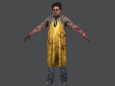 Horror Game Movie Character In Yellow Apron With Blood Stains And Striped Shirt 3d model