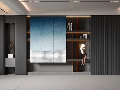 Modern Decorative Cabinet With Blue Panel Wooden Shelves And LED Lighting 3d model