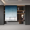 Modern Decorative Cabinet With Blue Panel Wooden Shelves And LED Lighting