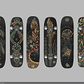 Stylish Black Skateboards With Colorful Decorative Patterns And Unique Artistic Designs