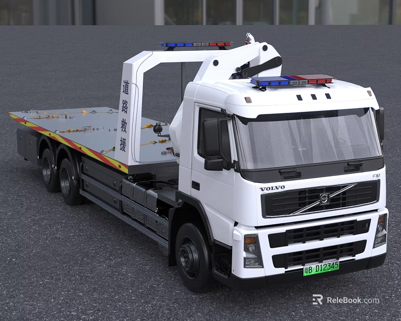 White Volvo Road Rescue Tow Truck With Flatbed And Blue Red Emergency Lights 3d model 