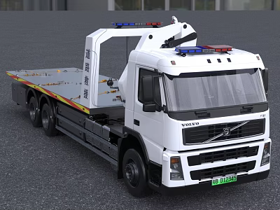 White Volvo Road Rescue Tow Truck With Flatbed And Blue Red Emergency Lights 3d model