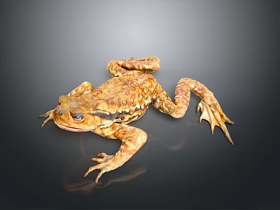 Brown Spotted Toad With Blue Eyes And Textured Skin Lying On Dark Reflective Surface 3d model