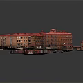 Cartoon Style Red Roof Building Complex Model With Vehicles And Trees