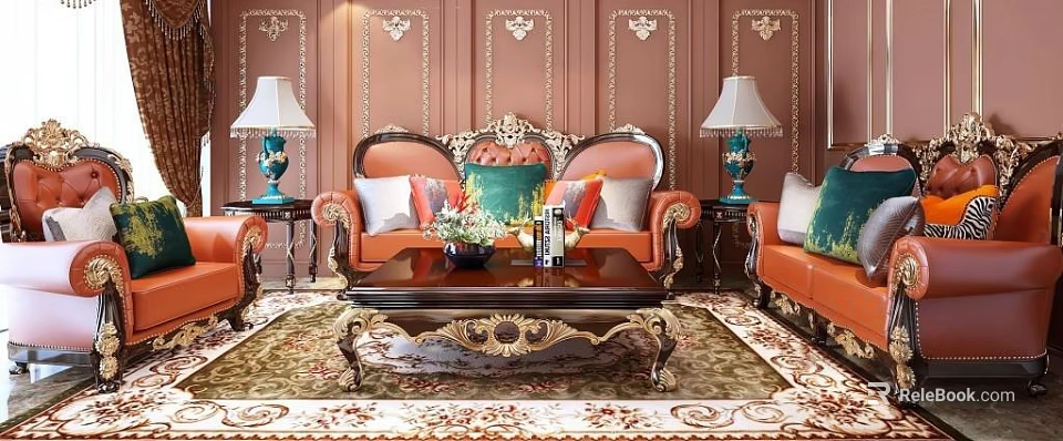 Ornate Sofa And Coffee Table Set With Colorful Pillows Table Lamps And Patterned Rug 3d model 
