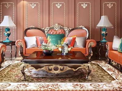 Ornate Sofa And Coffee Table Set With Colorful Pillows Table Lamps And Patterned Rug 3d model