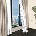 Modern Bedroom Interior With Large Window City View Wooden Floor Curtains And Plant