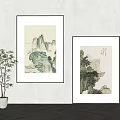 Traditional Chinese Landscape Paintings With Mountains Water And Trees Framed Hanging On Wall
