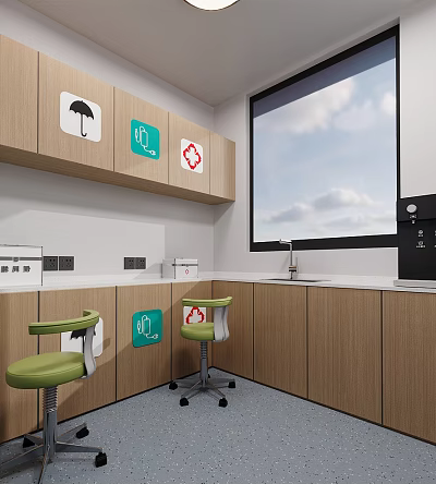 Modern Kitchen Space With Wooden Cabinets Green Chairs Wall Signs Window Sink And Coffee Machine 3d model