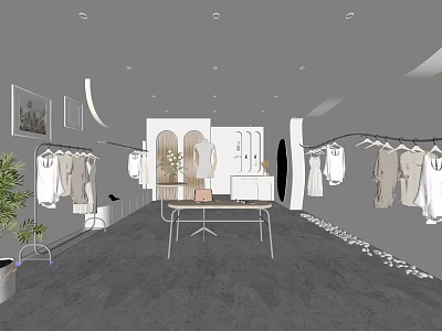 Modern Clothing Store Interior With Hanging Clothes Display Table And Green Plants 3d model