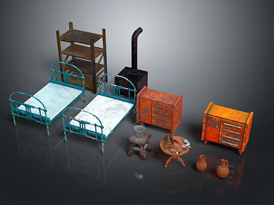 Vintage Bedroom Furniture Collection Featuring Twin Beds Bookshelf Cabinets Side Table And Vases 3d model