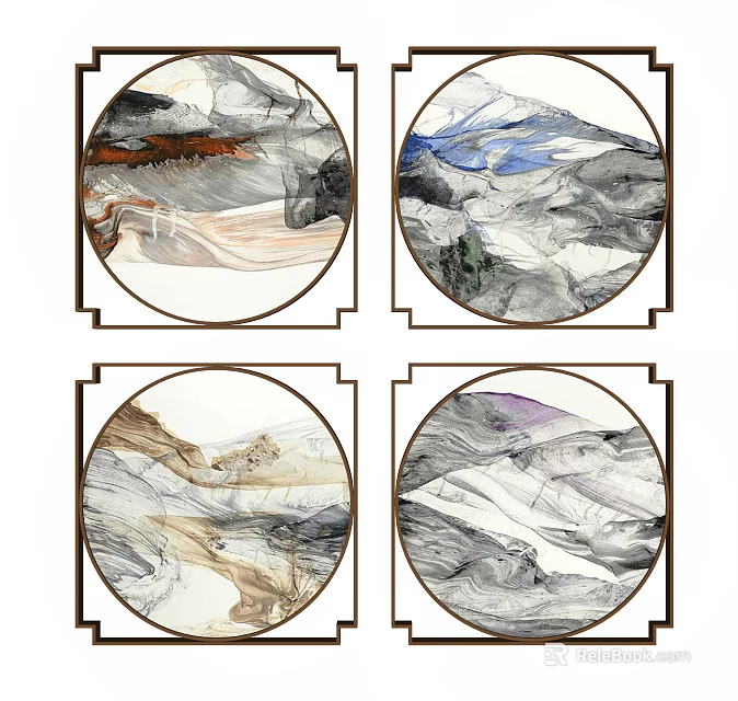 Abstract Paintings In Circular Frames With Fluid Lines And Colorful Textures 3d model