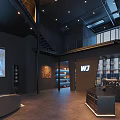 WJ Store Dark Interior Design With Staircase And Display Area 3d model