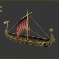 Ancient Wooden Water Vessel with Dragon Head Decoration Red White Striped Sail Spiral Tail Design