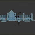 Cartoon Graveyard Scene with White Fence Blue Roof Tombstones Flaming Torches Green Ground Broken Pieces