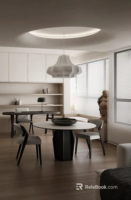 Modern Restaurant Interior With White Cabinets Pendant Light Round Dining Table Chairs And Decorative Statue 3d model 