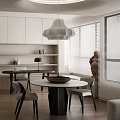 Modern Restaurant Interior With White Cabinets Pendant Light Round Dining Table Chairs And Decorative Statue