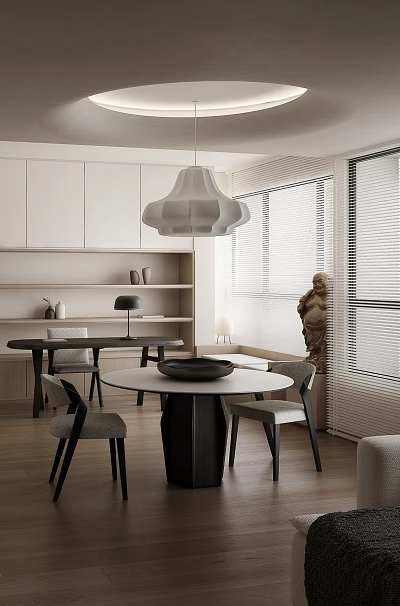 Modern Restaurant Interior With White Cabinets Pendant Light Round Dining Table Chairs And Decorative Statue 3d model