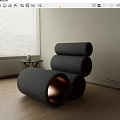 Cylindrical Single Sofas with Gray Fabric Copper Edges on Wooden Floor and Small Table 3d model