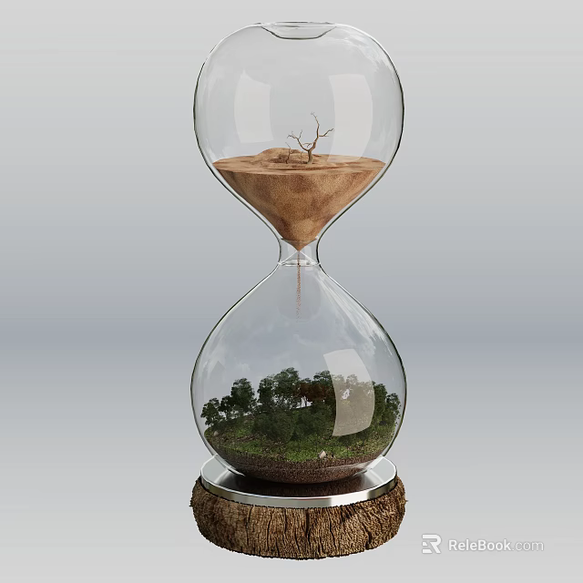 Decorative Ornament Set Hourglass with Withered Tree Sand Top and Green Grassland Trees Below 3d model 