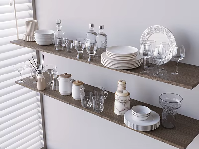 Modern Tableware Set Displayed on Wooden Shelves with White Plates Glass Cups Bowls and Jars 3d model