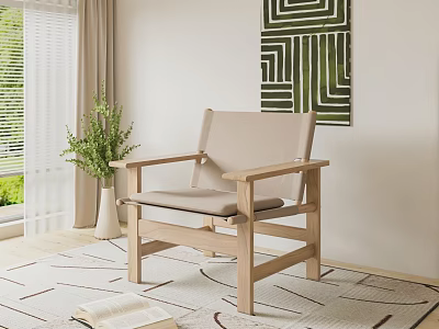 Modern Lounge Chair With Wooden Frame Light Gray Cushion Green Plant And Geometric Wall Art 3d model