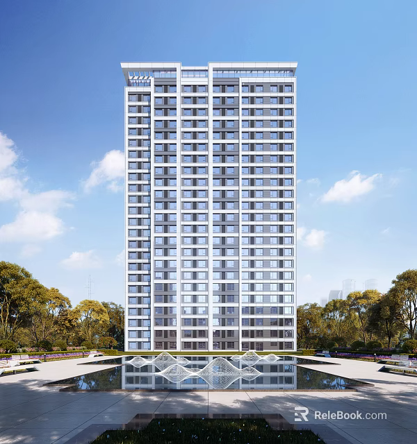 Modern High Rise Apartment Building With Greenery And Water Feature Under Blue Sky 3d model 
