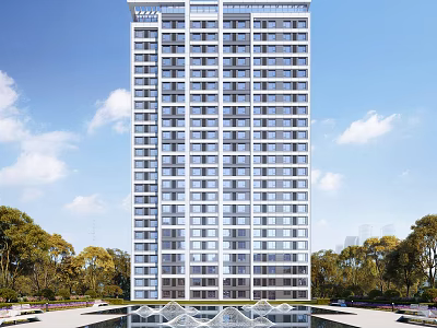 Modern High Rise Apartment Building With Greenery And Water Feature Under Blue Sky 3d model