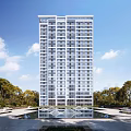 Modern High Rise Apartment Building With Greenery And Water Feature Under Blue Sky