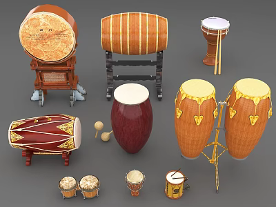 Various Types Of Traditional Drum Instruments Including Bongos Congas And Snare Drums 3d model