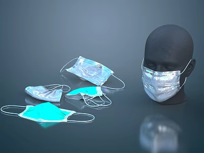 Disposable Face Masks on Mannequin Head and Surface with Blue Transparent Colors 3d model