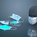 Disposable Face Masks on Mannequin Head and Surface with Blue Transparent Colors