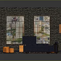 Brick Wall Living Room Interior With Stained Glass Windows Navy Blue Sofa And Orange Stools