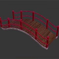 Decorative Wooden Garden Bridge With Red Railings And Arched Wooden Deck