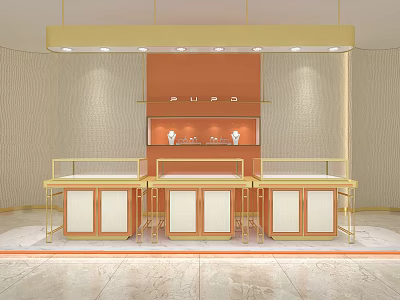 Elegant Jewelry Store Interior With Golden Pendant Lights Orange Background Wall And Marble Display Counters 3d model