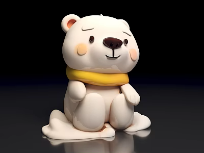 Cute White Bear Toy With Yellow Scarf Sitting On Black Background 3d model