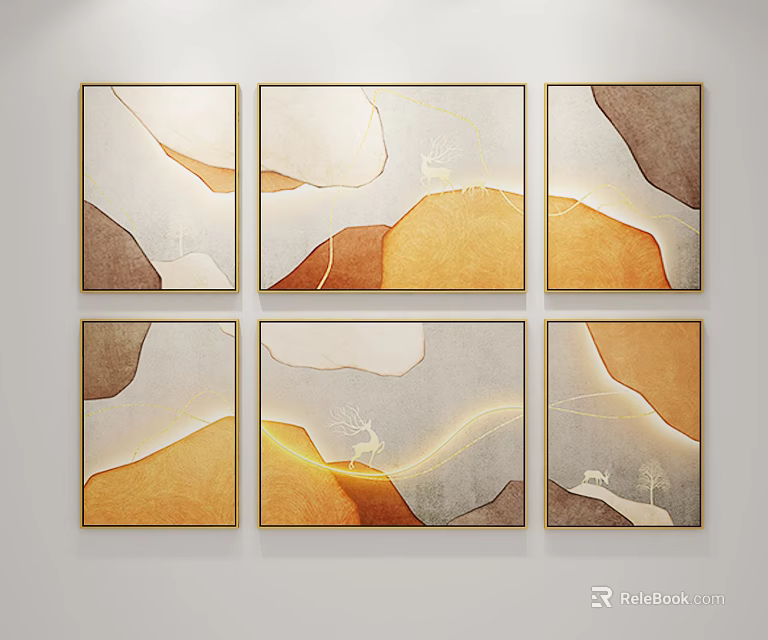 Abstract Wall Art With Geometric Color Blocks Deer Motifs And Golden Frames 3d model 