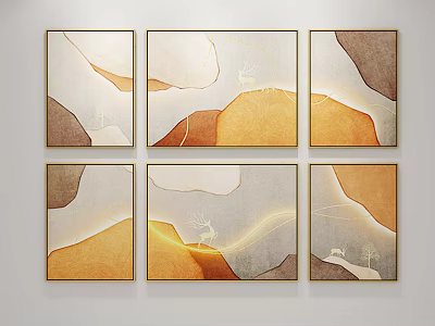 Abstract Wall Art With Geometric Color Blocks Deer Motifs And Golden Frames 3d model