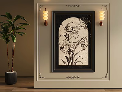 Arch Shaped Oil Painting With Black Frame Decorative Wall Trim Wall Sconces And Potted Plant 3d model