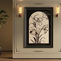 Arch Shaped Oil Painting With Black Frame Decorative Wall Trim Wall Sconces And Potted Plant