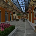 Commercial Street With Glass Roof Yellow Buildings Hanging Signs And People Walking