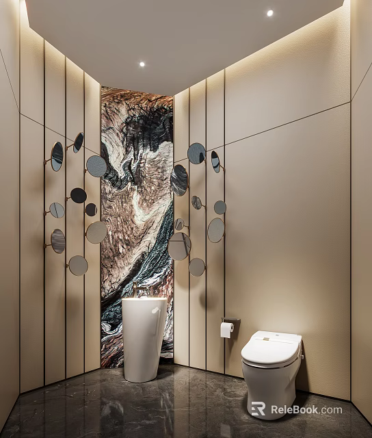 Modern Elegant Bathroom With Round Mirrors Marble Backdrop White Sink And Toilet 3d model 