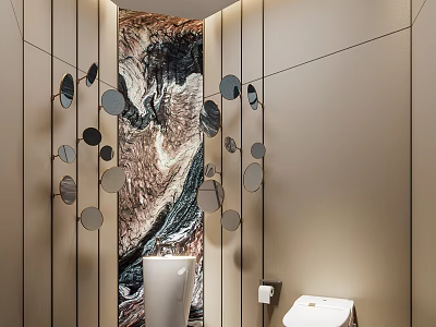 Modern Elegant Bathroom With Round Mirrors Marble Backdrop White Sink And Toilet 3d model