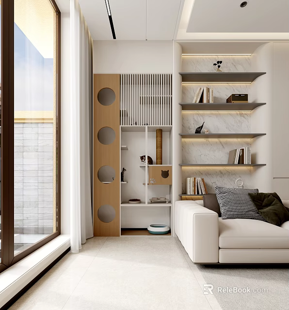 Modern Wooden Display Shelves With Circular Cutouts And Books In Well Lit Interior 3d model 