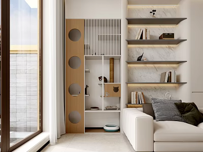 Modern Wooden Display Shelves With Circular Cutouts And Books In Well Lit Interior 3d model