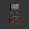 Rusty Metal Bucket Placed On Old Weathered Metal Stand With Ladder