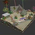 Tropical 3D Island Model With Thatched Huts Palm Trees Boat Sand And Water